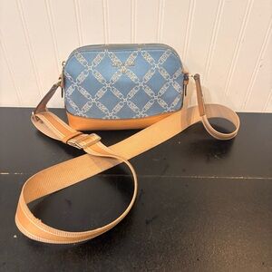 Michael Kors Blue Monogram Crossbody with Tan Trim